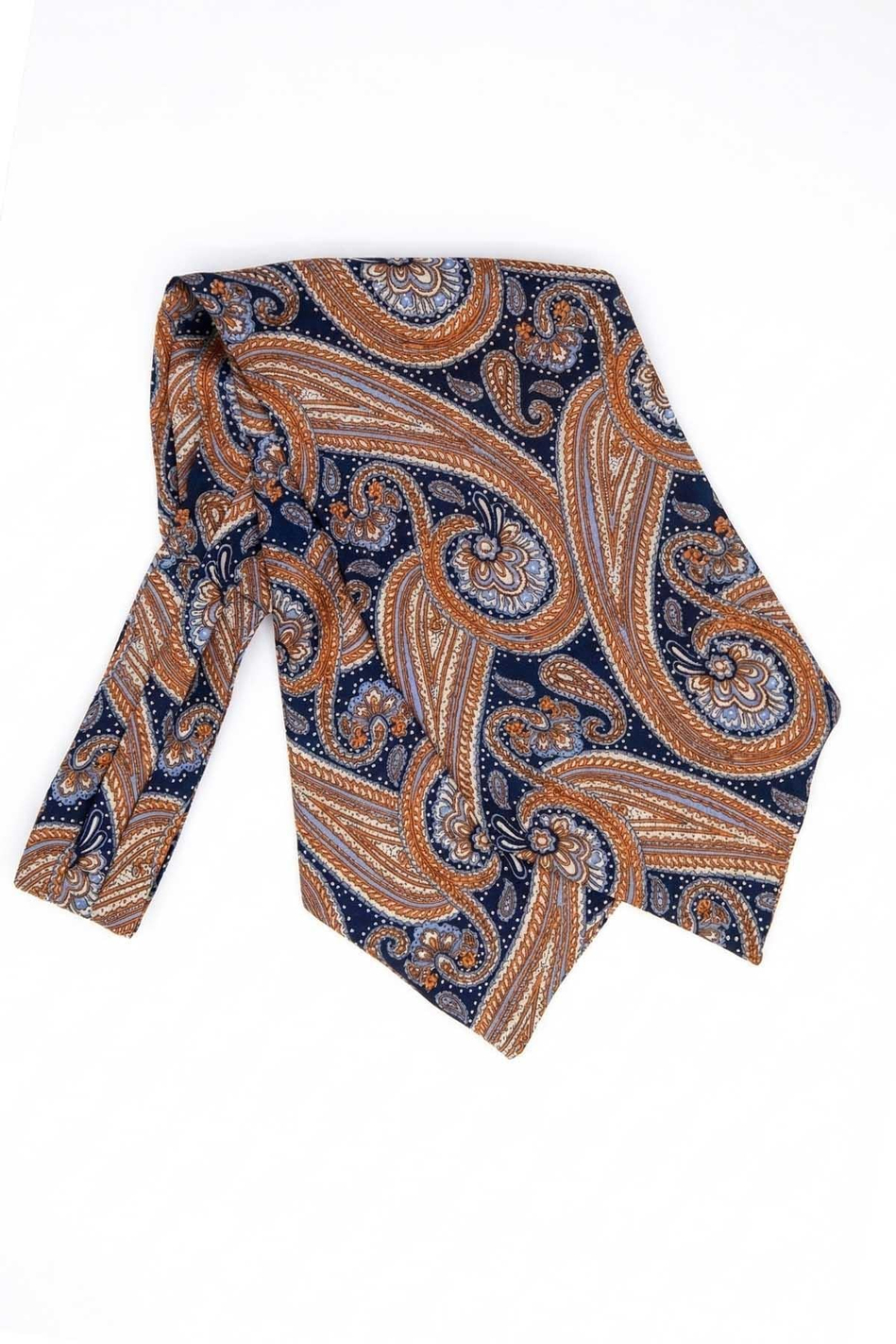 Şal Desen Lacivert - Turuncu İtalyan İpek Ascot Kravat SAC22