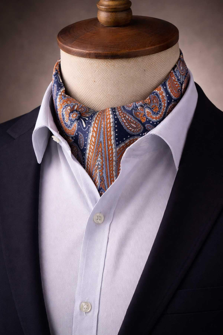 Şal Desen Lacivert - Turuncu İtalyan İpek Ascot Kravat SAC22