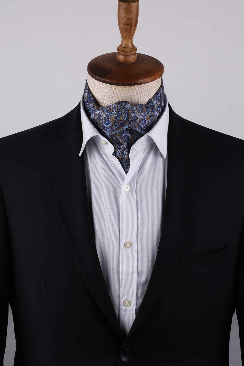 Şal Desen Mavi - Sarı İtalyan İpek Ascot Kravat SAC57