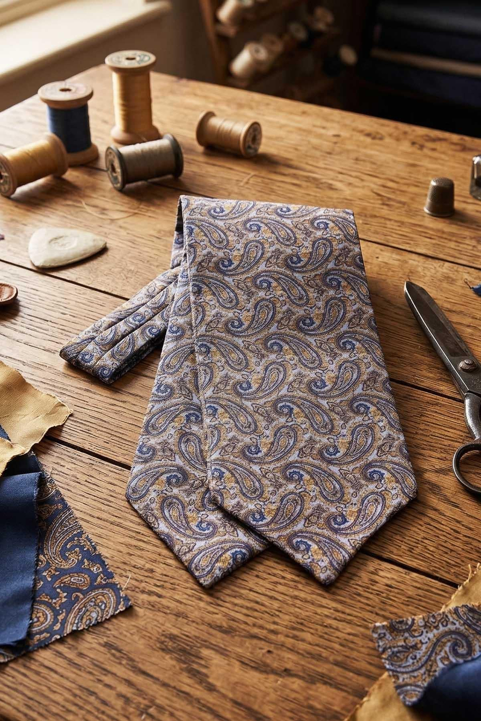 Şal Desen Mavi - Sarı İtalyan İpek Ascot Kravat SAC57