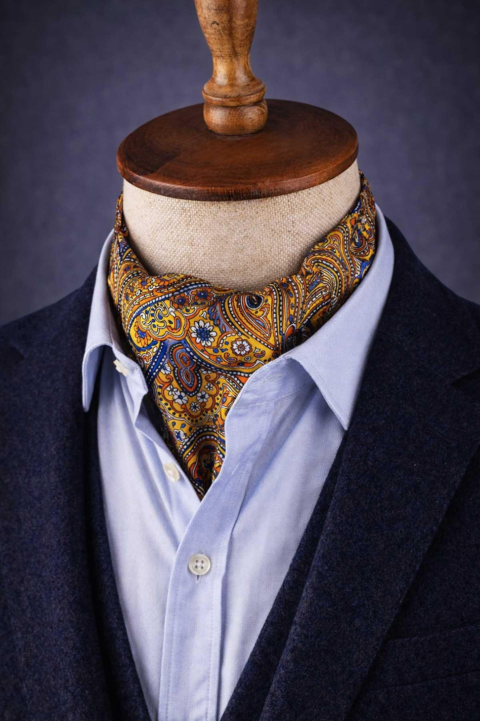 Şal Desen Sarı - Lacivert İtalyan İpek Ascot Kravat SAC55