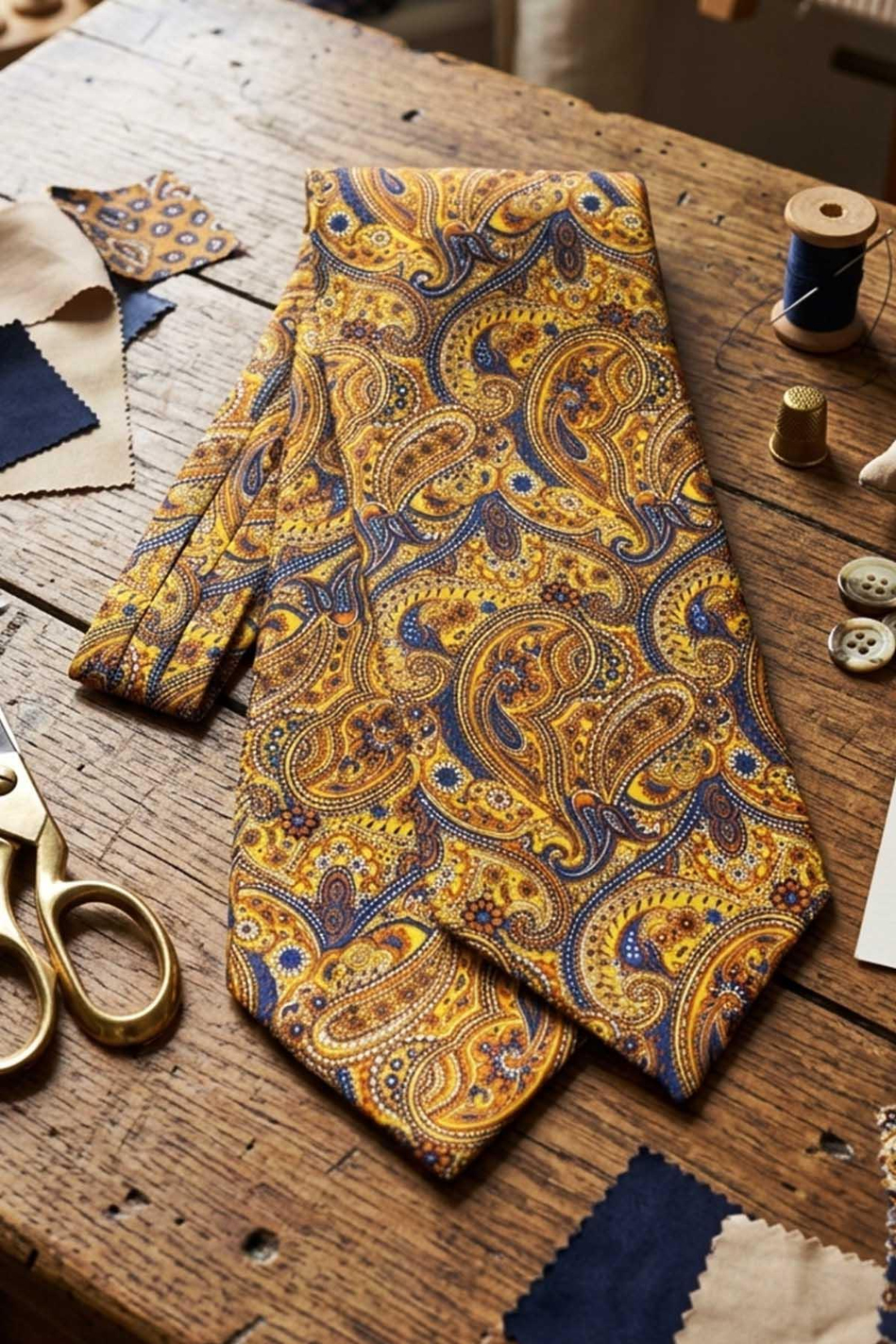 Şal Desen Sarı - Lacivert İtalyan İpek Ascot Kravat SAC55