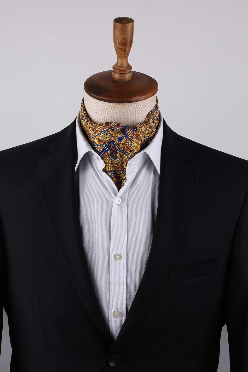 Şal Desen Sarı - Lacivert İtalyan İpek Ascot Kravat SAC55
