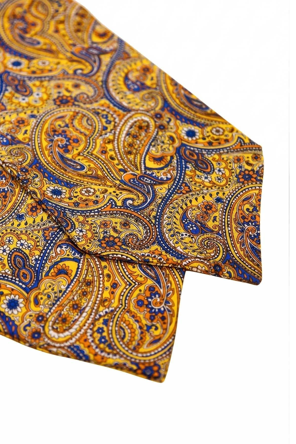Şal Desen Sarı - Lacivert İtalyan İpek Ascot Kravat SAC55