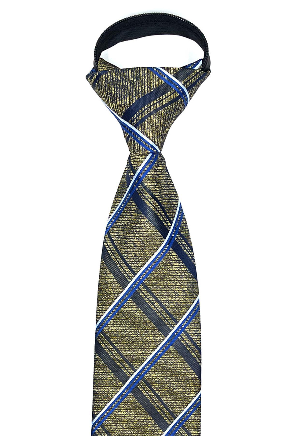 Sarı Ekose Desen Mendilli Fermuarlı Kravat FRMR56