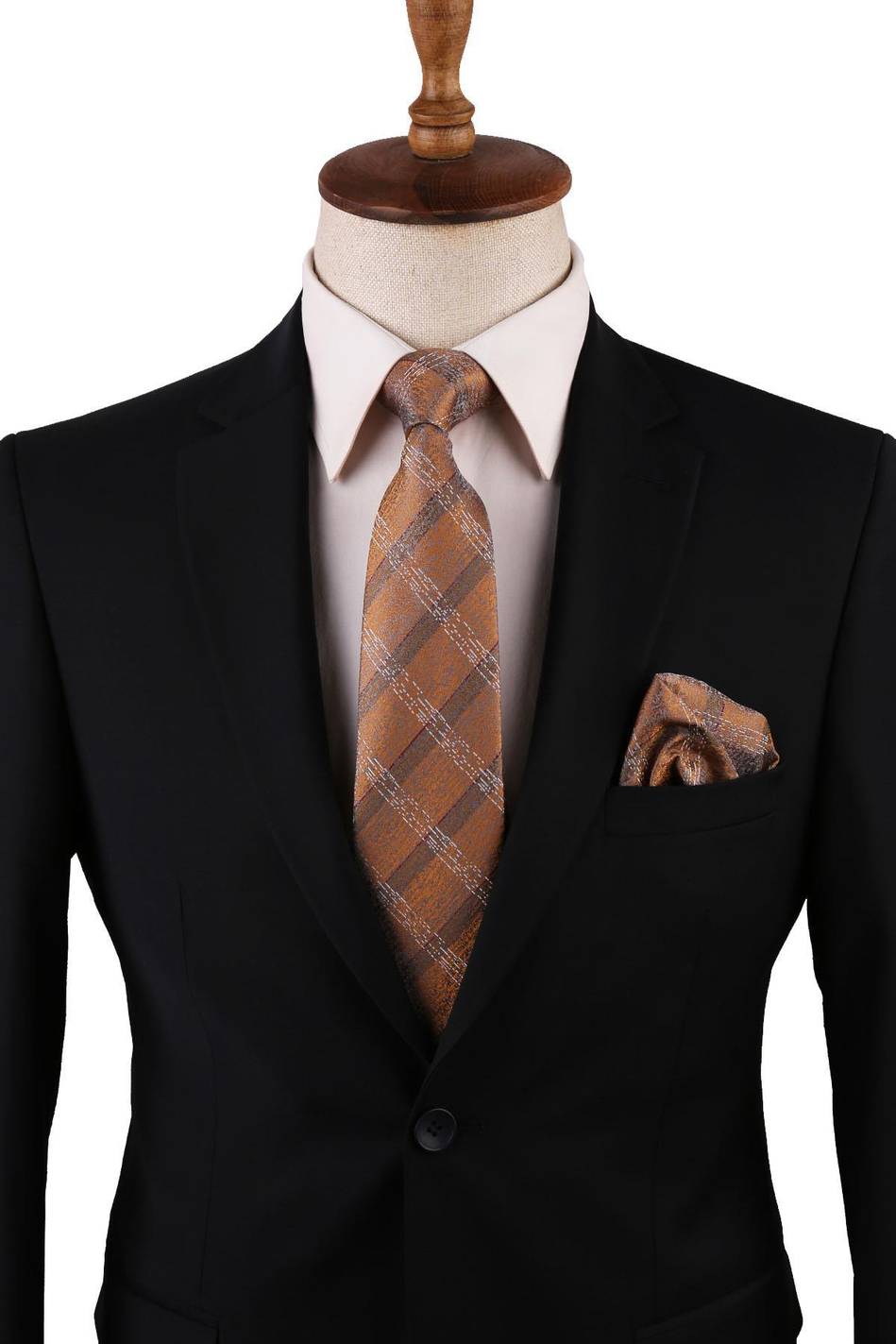 Sarı Ekose Desen Mendilli Klasik Kravat KK10755