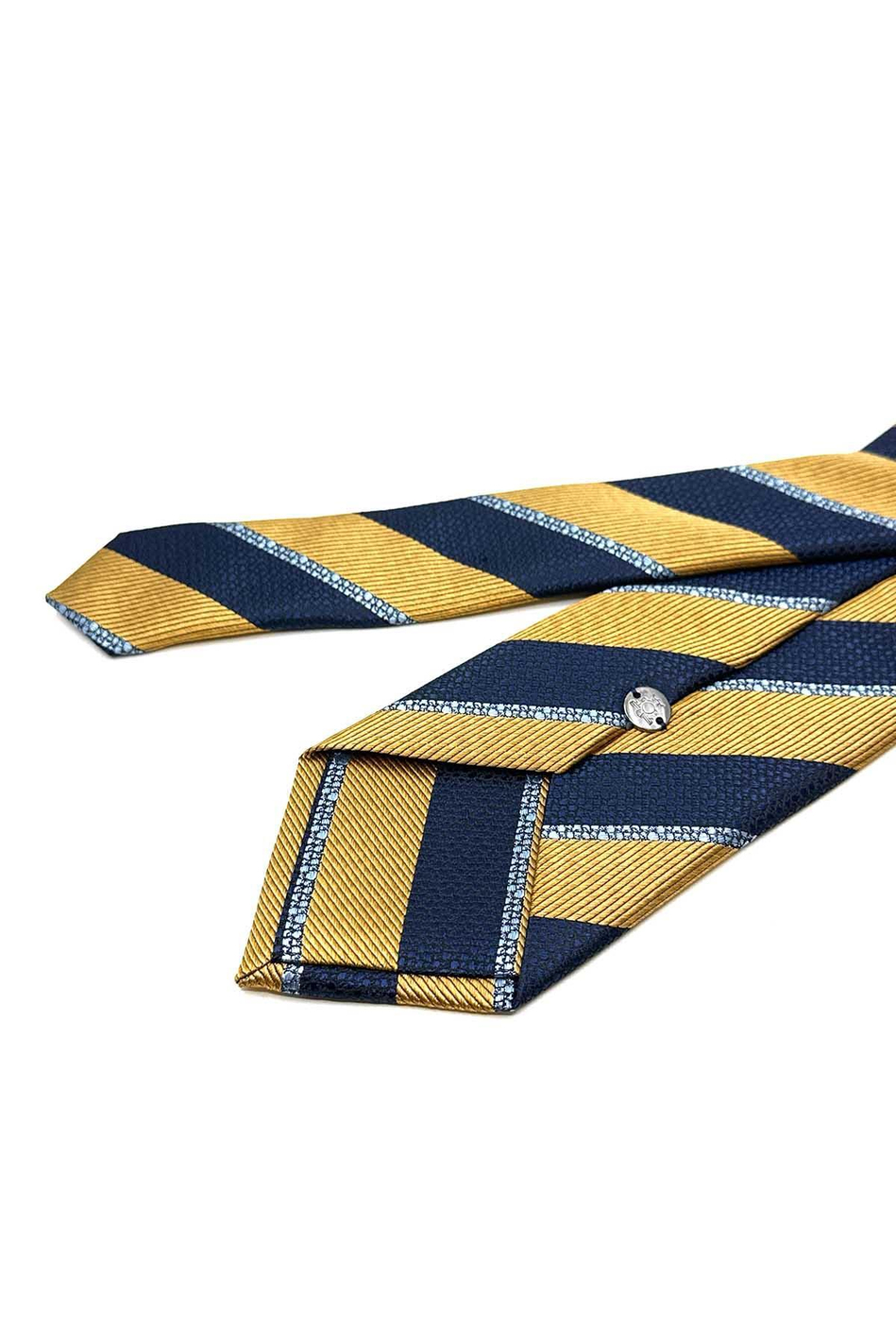 Sarı - Lacivert Çizgi Desen Mendilli Klasik Kravat KK13103