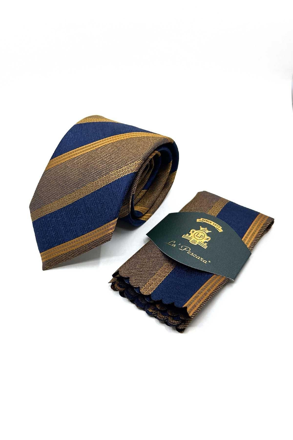 Sarı - Lacivert Çizgi Desen Mendilli Klasik Kravat KK13145