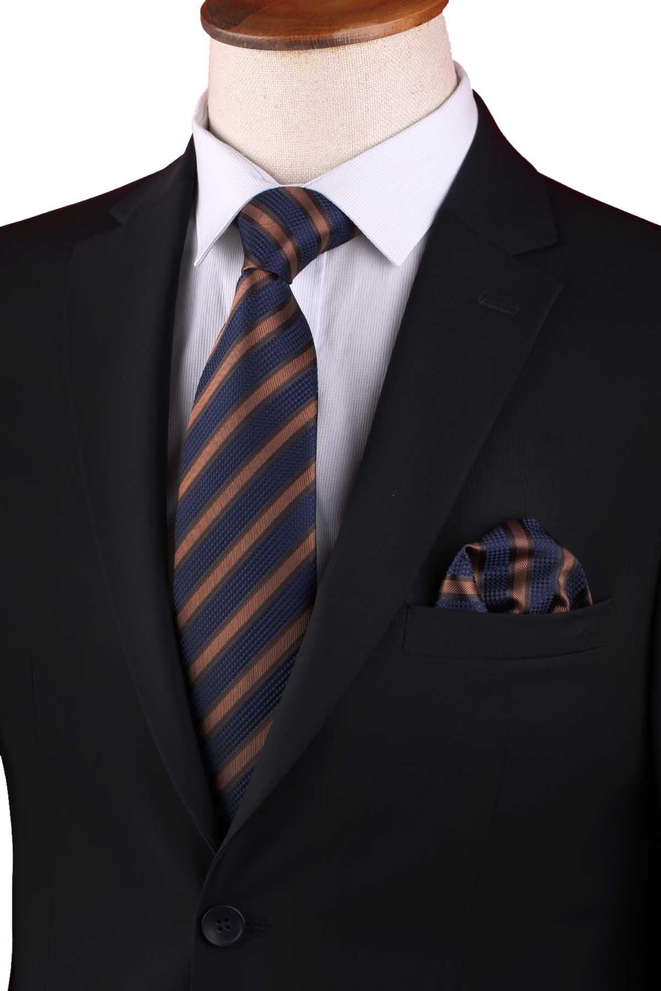 Sarı - Lacivert Çizgi Desen Mendilli Klasik Kravat KK13103