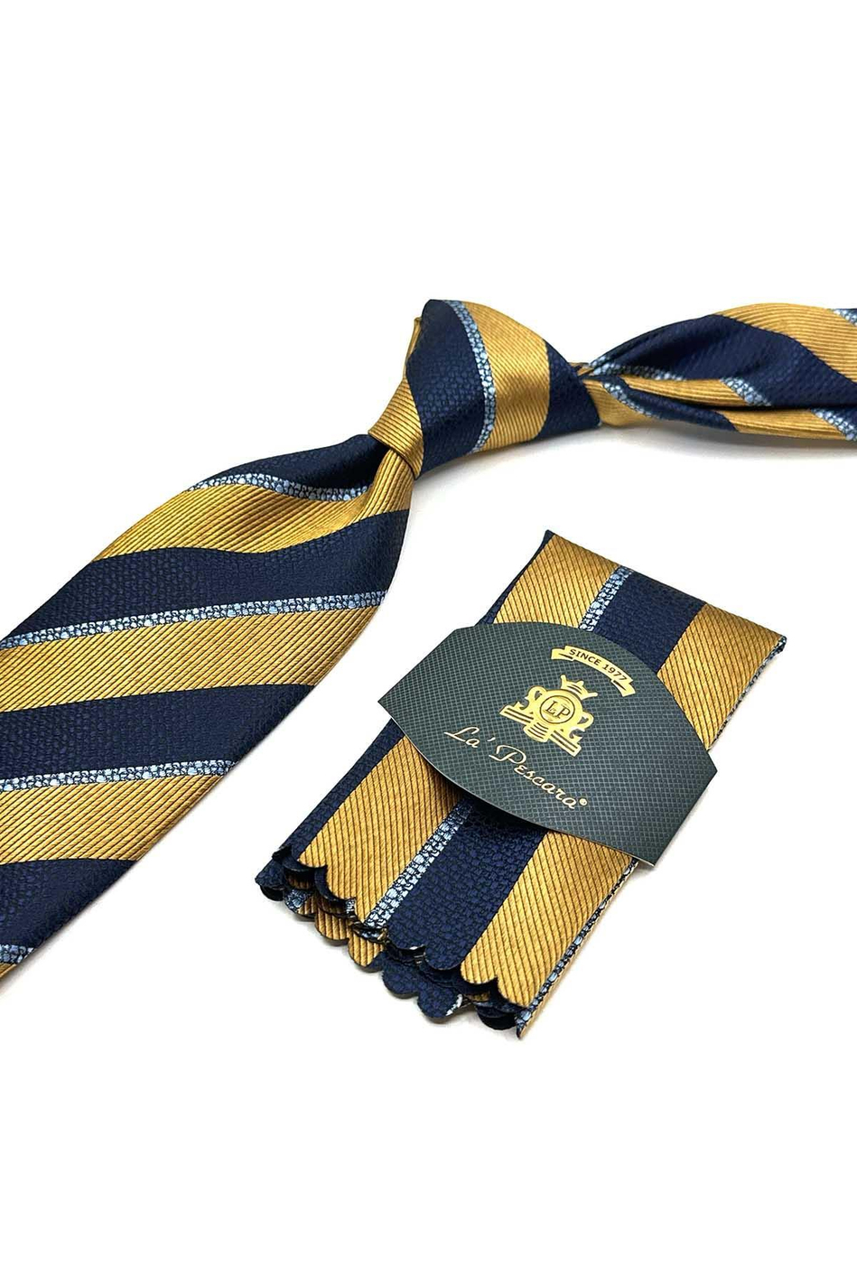 Sarı - Lacivert Çizgi Desen Mendilli Klasik Kravat KK13103