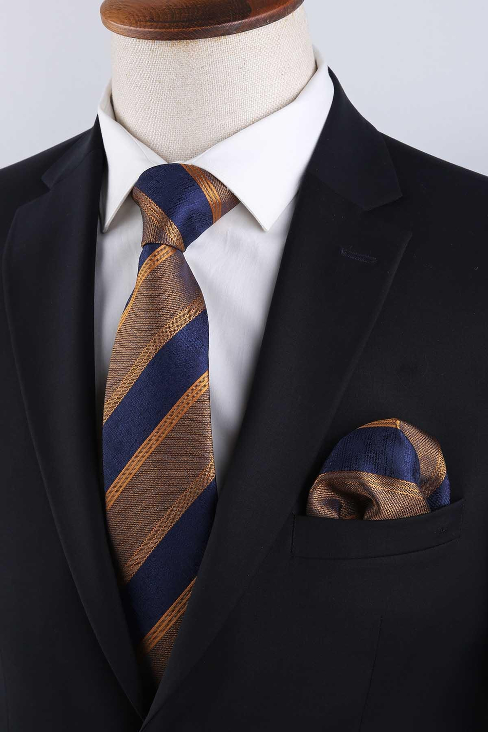Sarı - Lacivert Çizgi Desen Mendilli Klasik Kravat KK13145