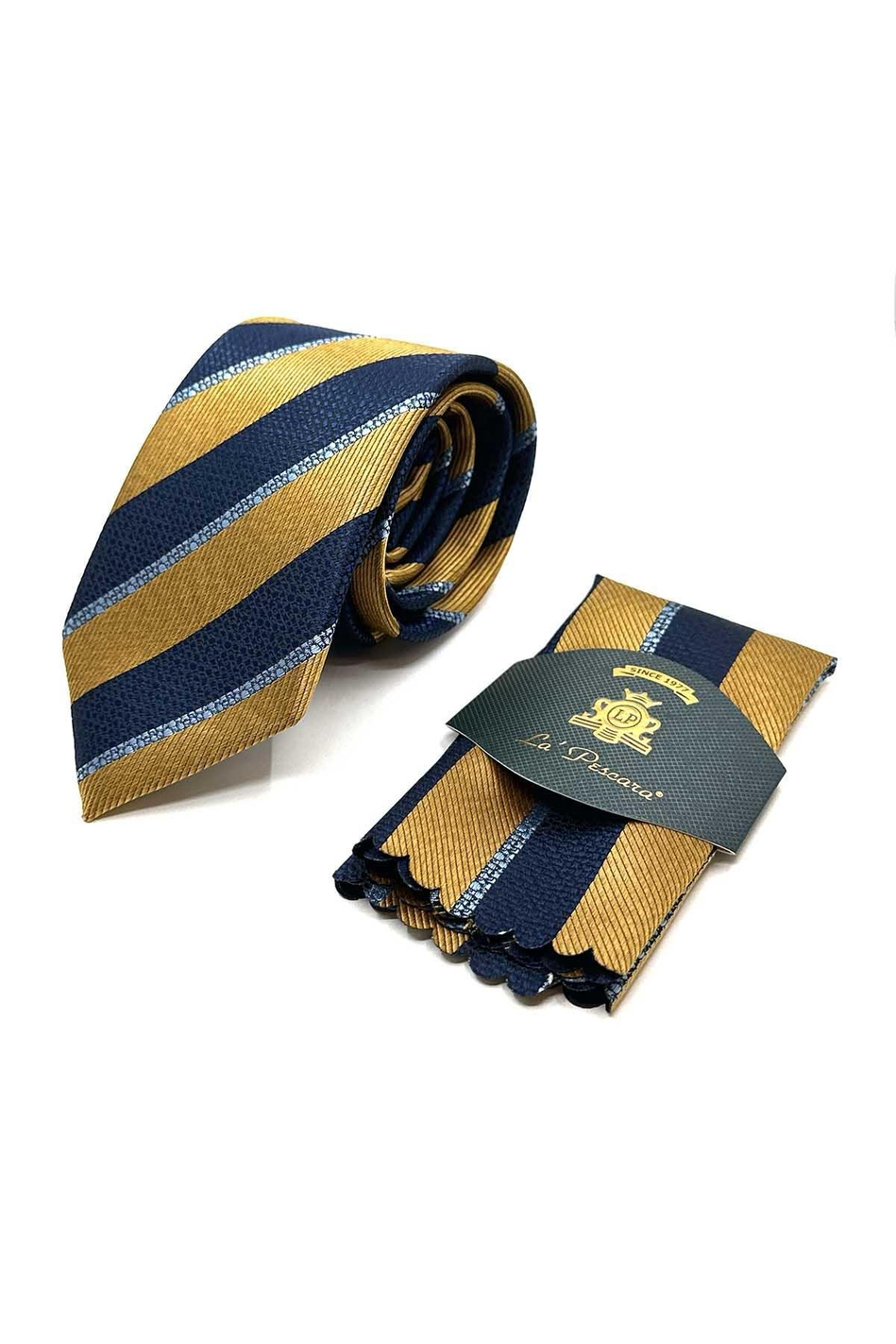 Sarı - Lacivert Çizgi Desen Mendilli Klasik Kravat KK13103