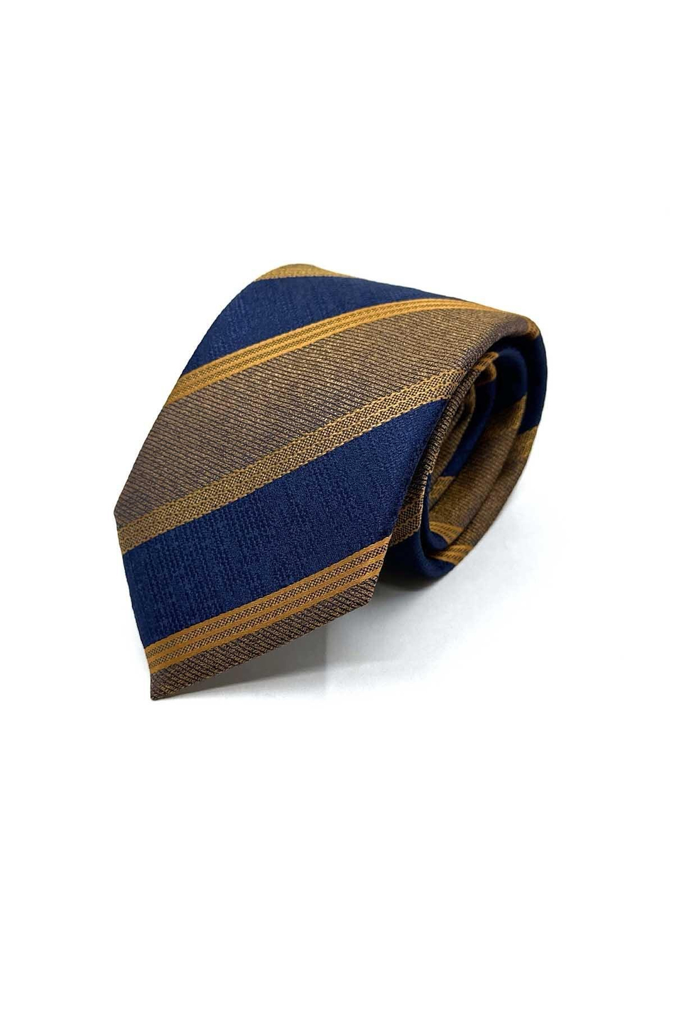 Sarı - Lacivert Çizgi Desen Mendilli Klasik Kravat KK13145