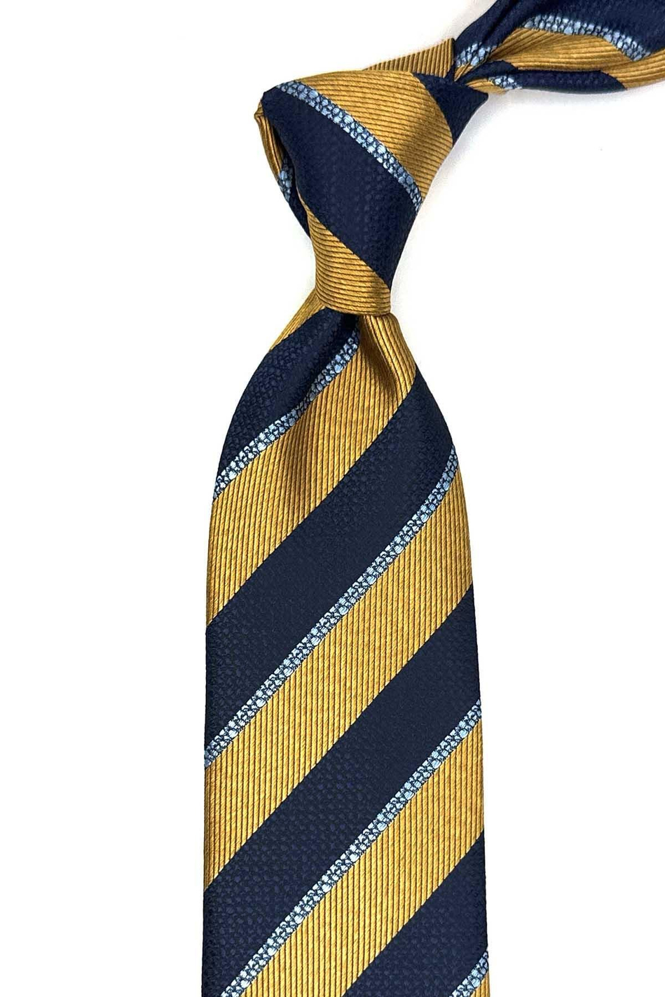 Sarı - Lacivert Çizgi Desen Mendilli Klasik Kravat KK13103