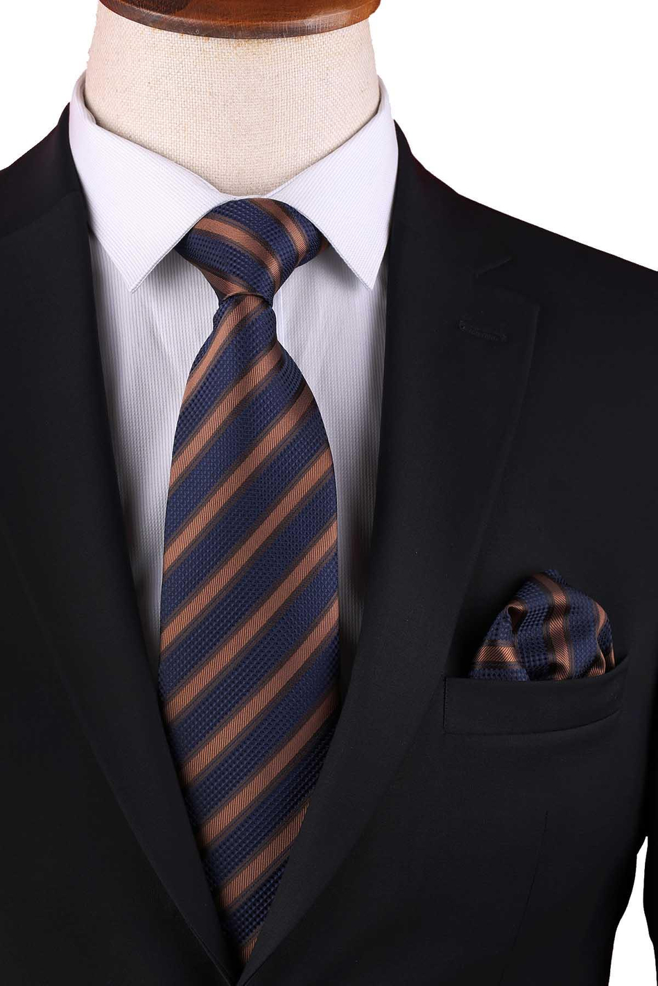 Sarı - Lacivert Çizgi Desen Mendilli Klasik Kravat KK13103