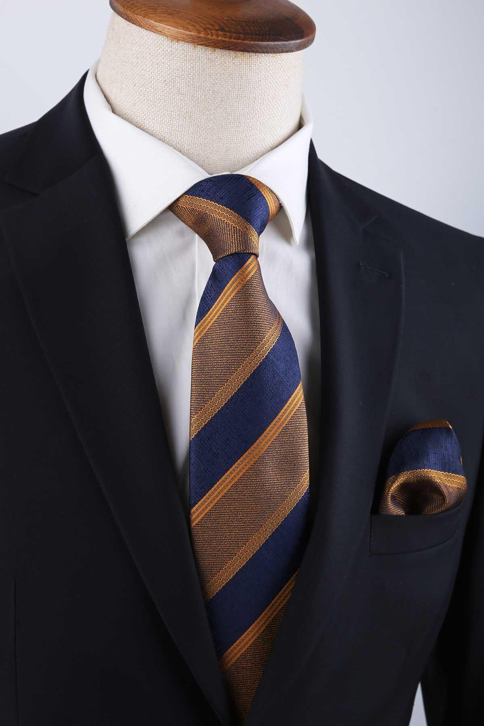 Sarı - Lacivert Çizgi Desen Mendilli Klasik Kravat KK13145