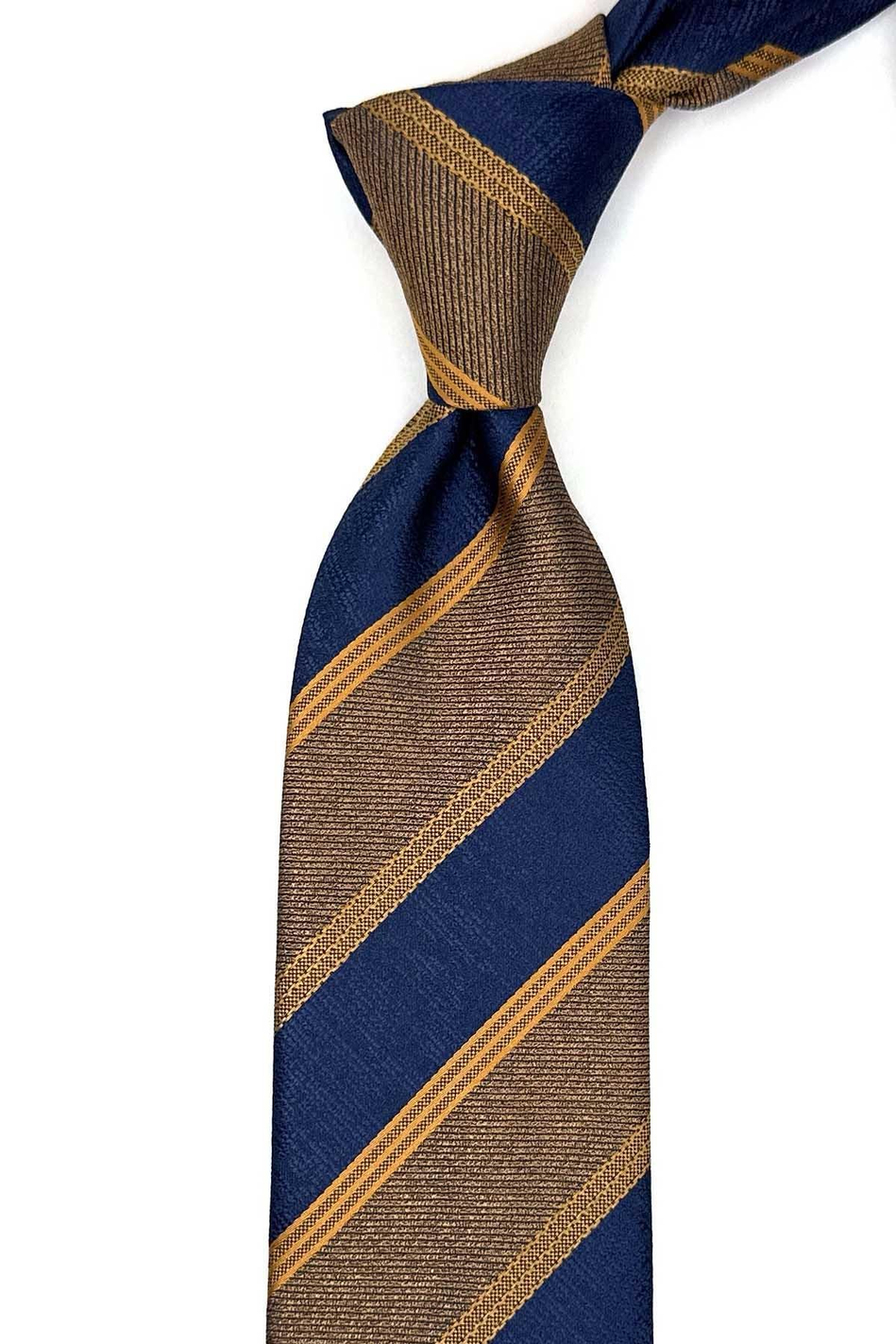 Sarı - Lacivert Çizgi Desen Mendilli Klasik Kravat KK13145