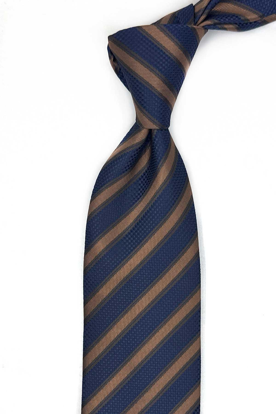 Sarı - Lacivert Çizgi Desen Mendilli Klasik Kravat KK13103