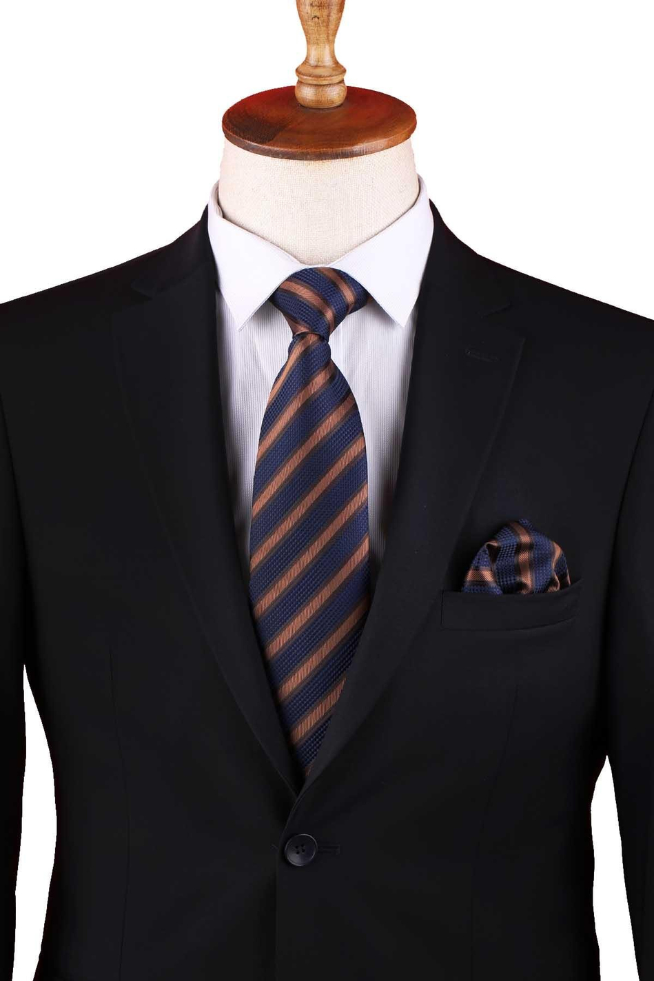 Sarı - Lacivert Çizgi Desen Mendilli Klasik Kravat KK13103
