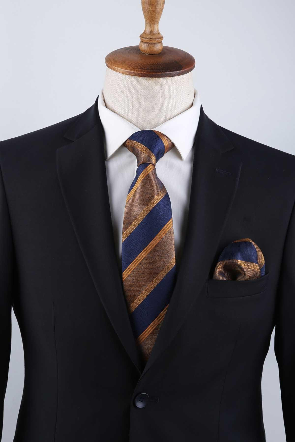 Sarı - Lacivert Çizgi Desen Mendilli Klasik Kravat KK13145