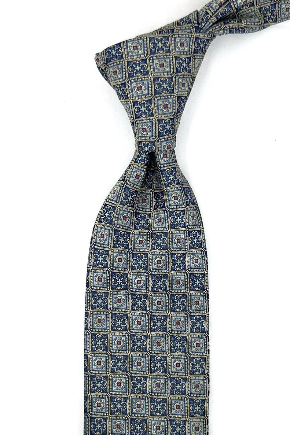 Sarı Lacivert Motif Desen Mendilli Klasik Kravat KK13896