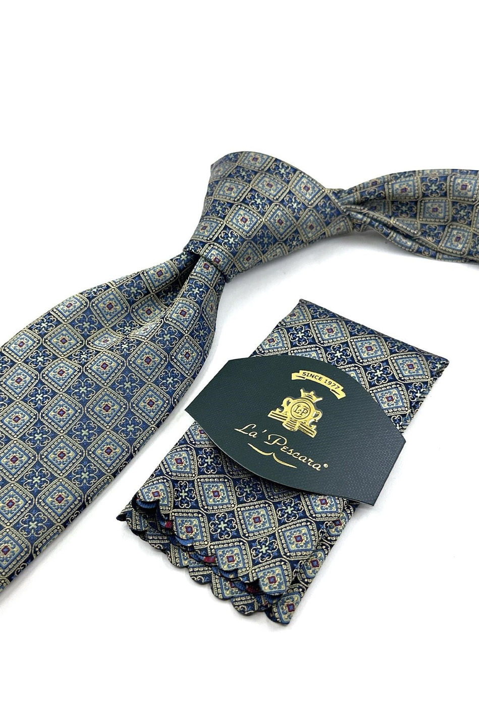 Sarı Lacivert Motif Desen Mendilli Klasik Kravat KK13896