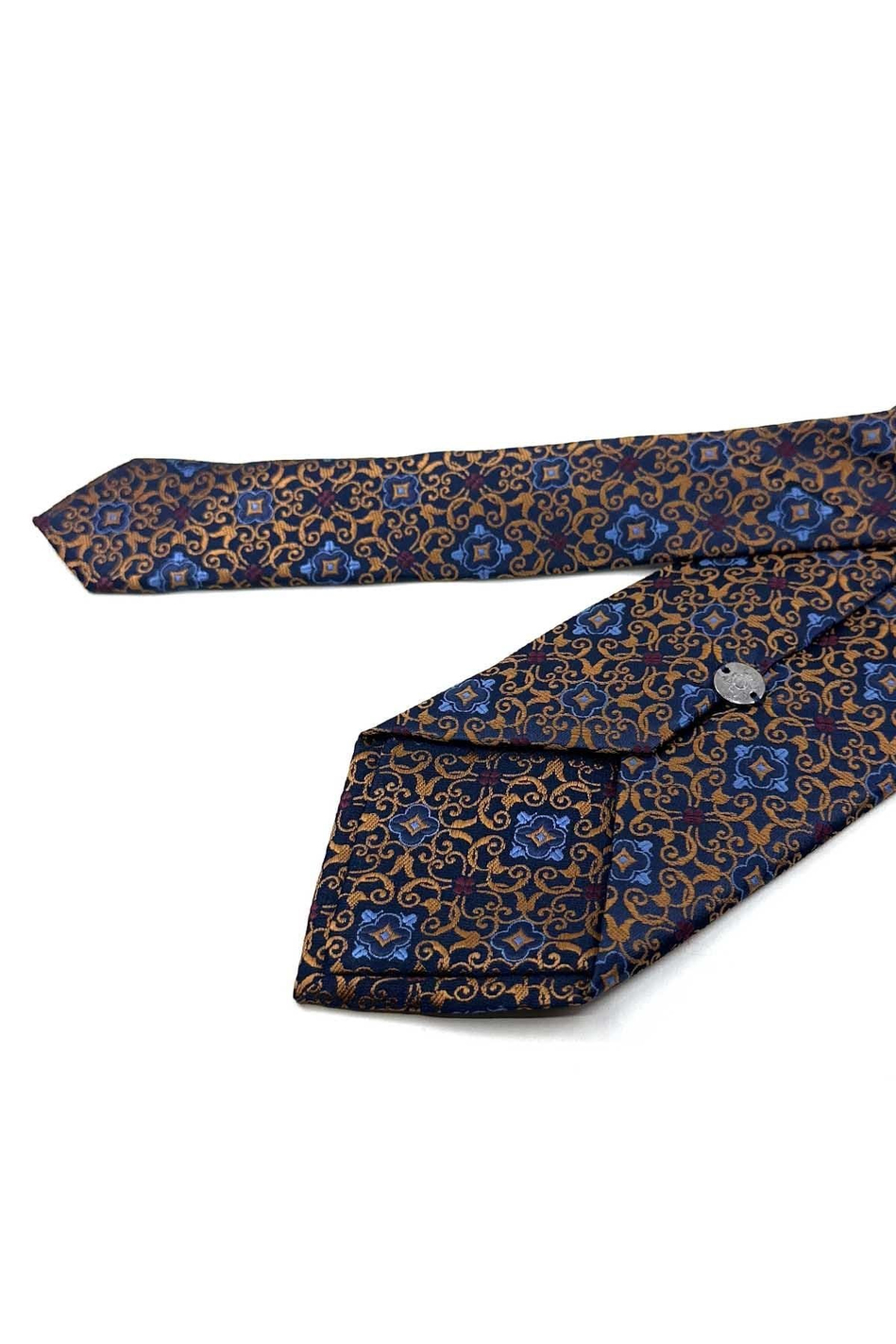 Sarı Lacivert Motif Desen Mendilli Klasik Kravat KK13920