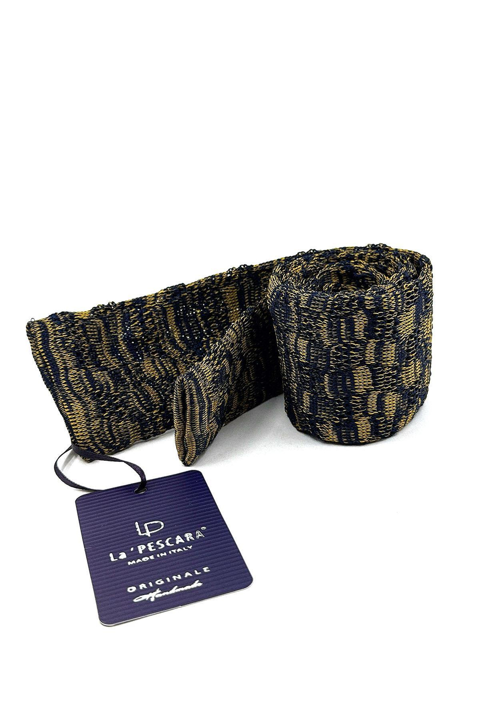 Sarı - Lacivert Motif Desen Örgü Kravat ÖR8361