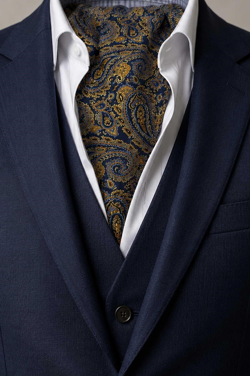 Sarı Lacivert Şal Desen İtalyan İpek Ascot Kravat SAC93