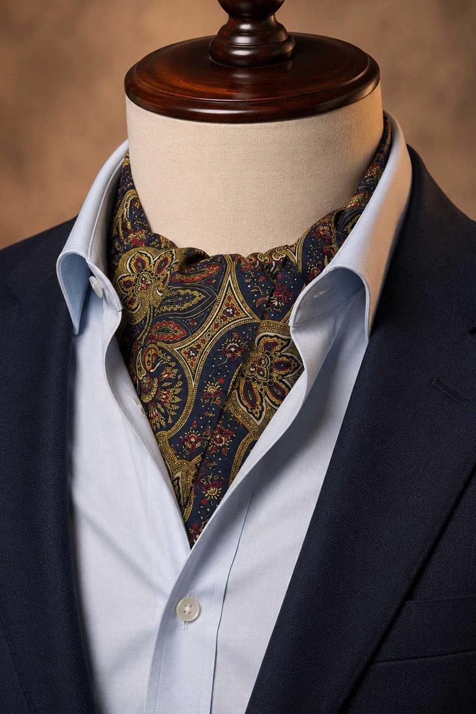 Sarı Lacivert Şal Desen İtalyan İpek Ascot Kravat SAC129
