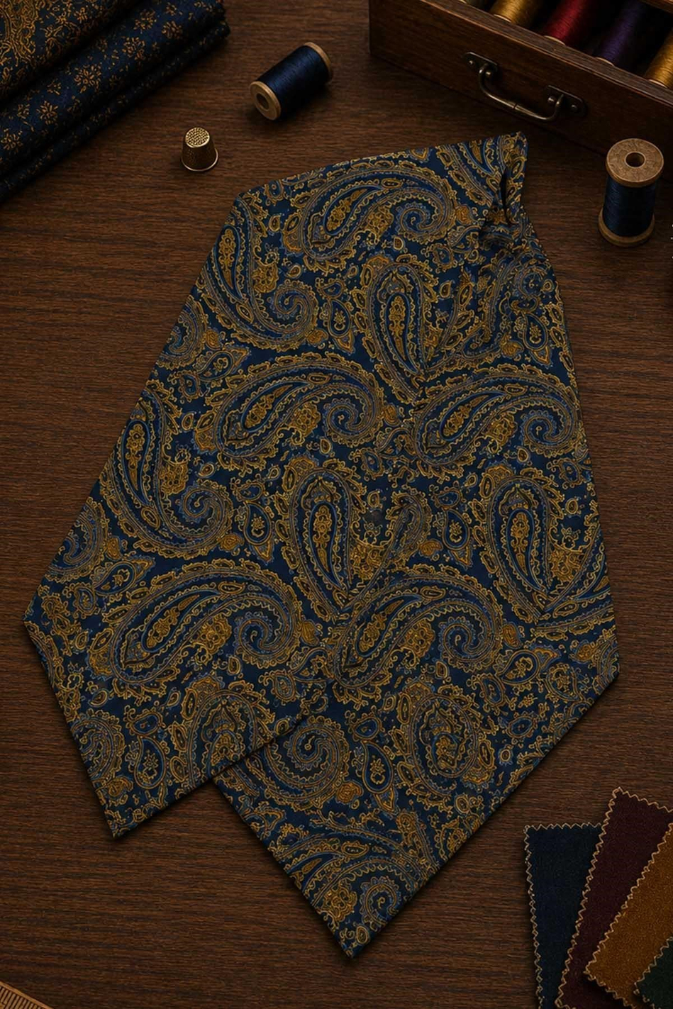 Sarı Lacivert Şal Desen İtalyan İpek Ascot Kravat SAC93