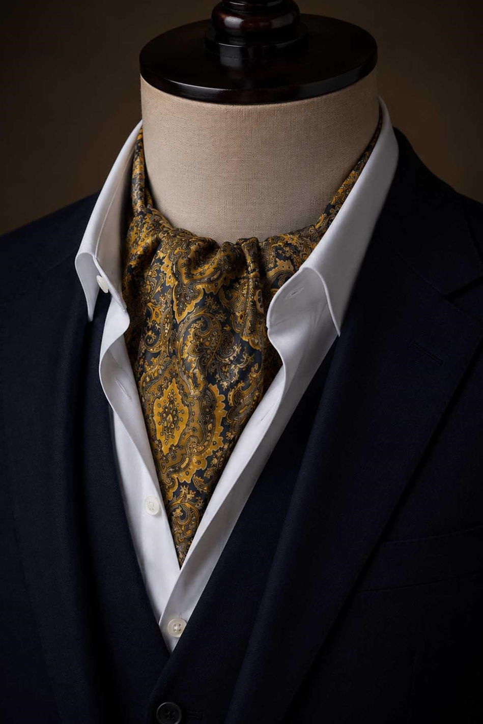 Sarı Lacivert Şal Desen İtalyan İpek Ascot Kravat SAC87