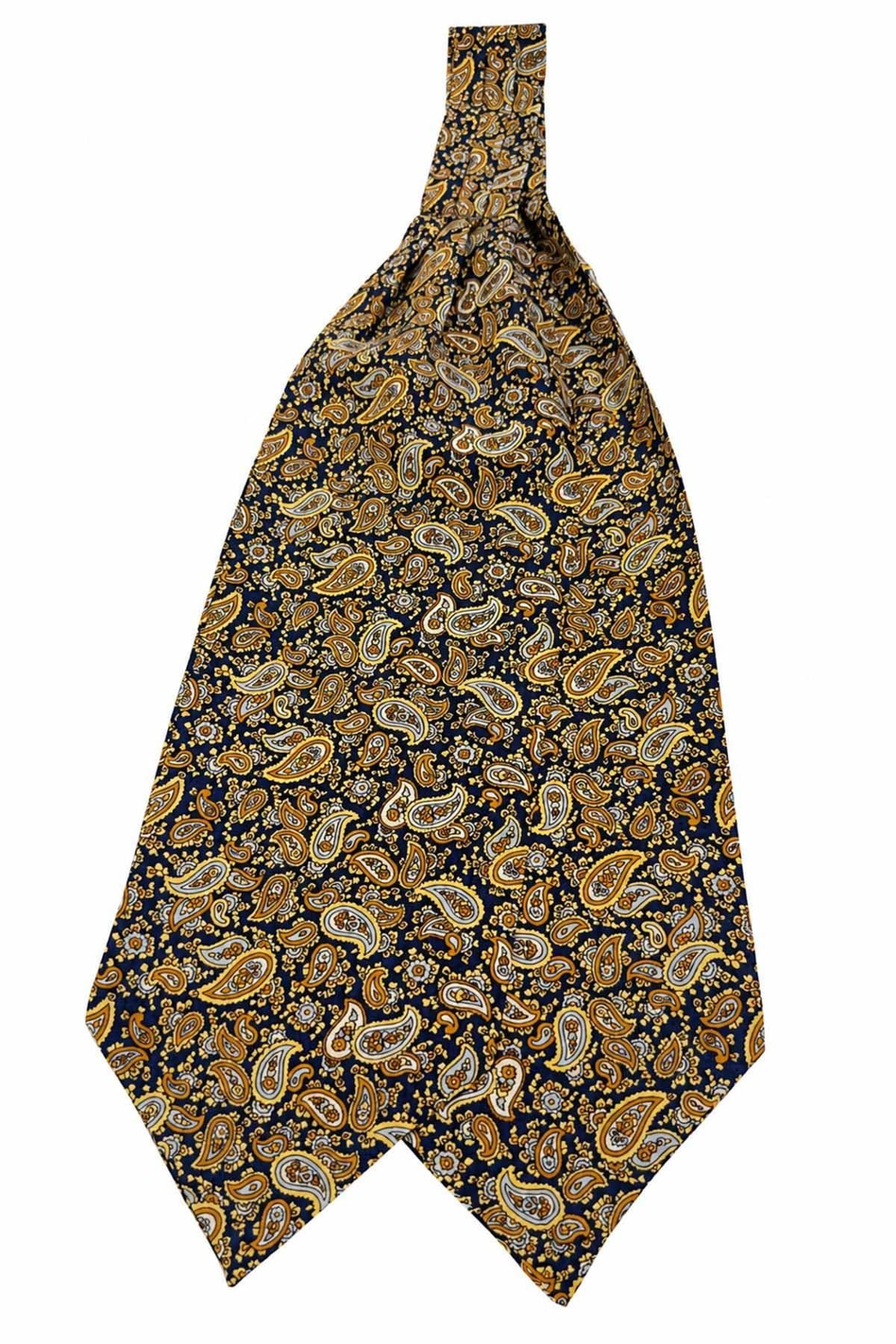 Sarı Lacivert Şal Desen İtalyan İpek Ascot Kravat SAC106