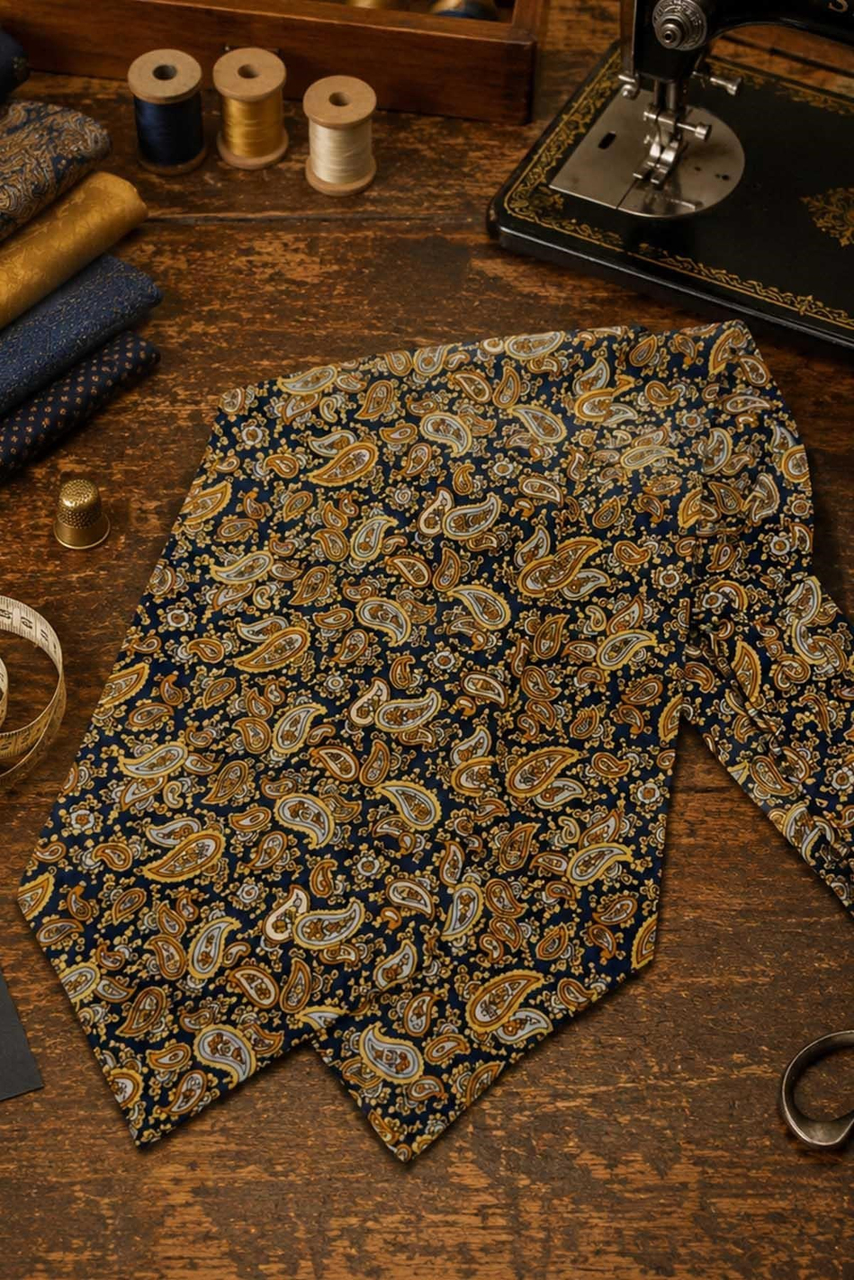 Sarı Lacivert Şal Desen İtalyan İpek Ascot Kravat SAC106