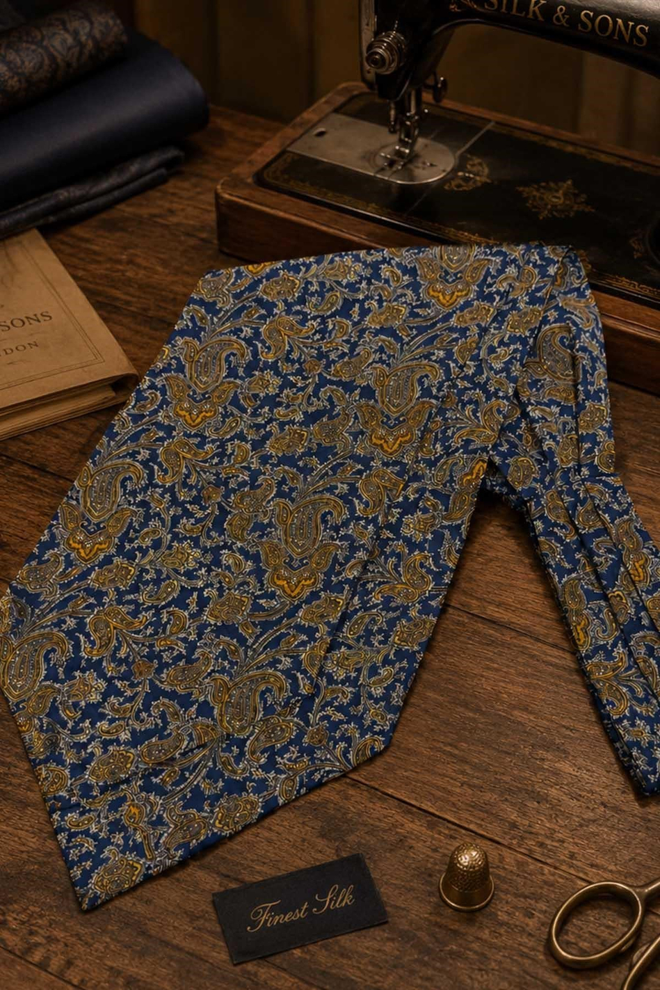 Sarı Lacivert Şal Desen İtalyan İpek Ascot Kravat SAC119