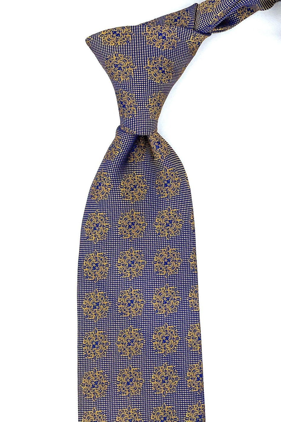 Sarı - Mavi Motif Desen Mendilli Klasik Kravat KK10974