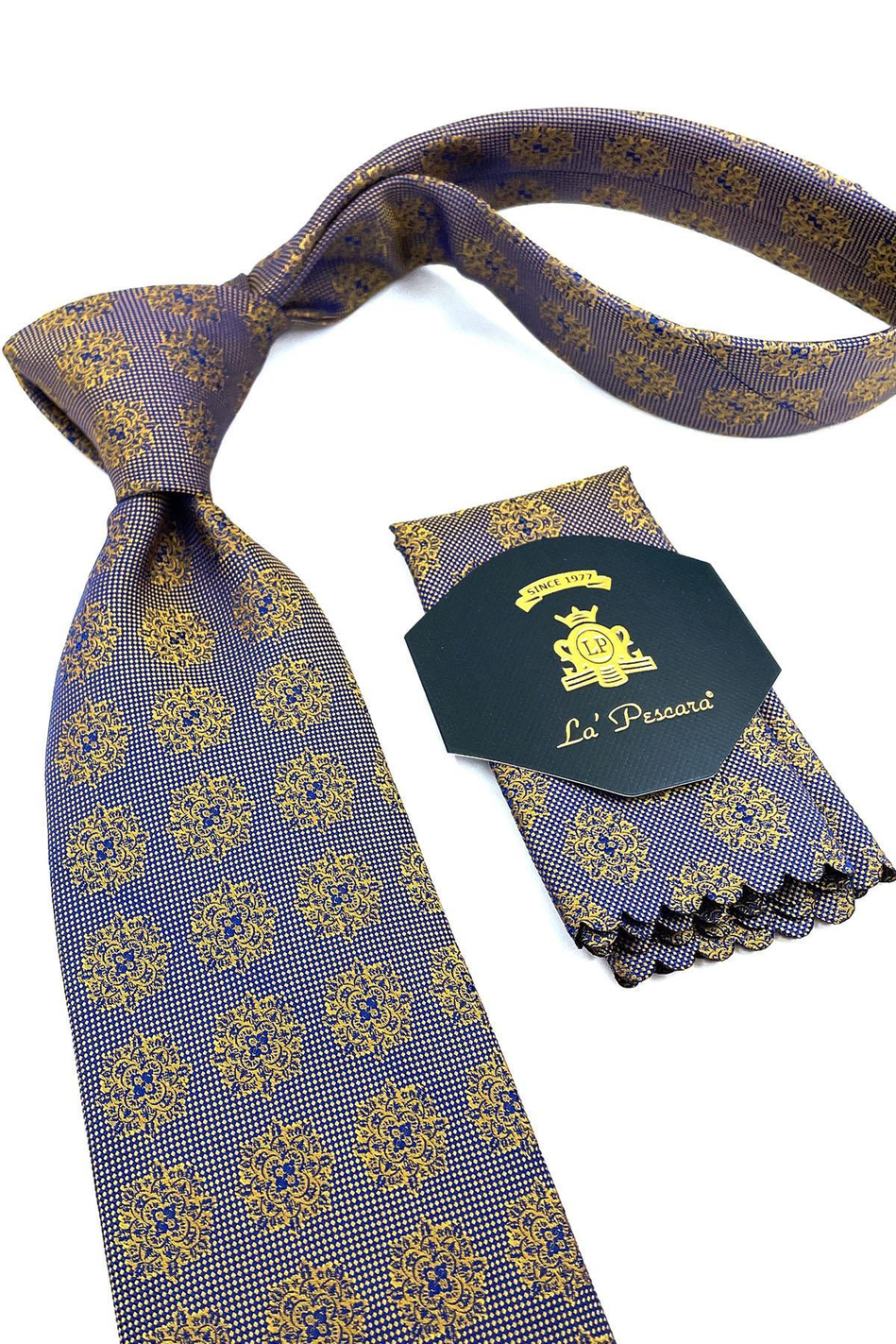 Sarı - Mavi Motif Desen Mendilli Klasik Kravat KK10974