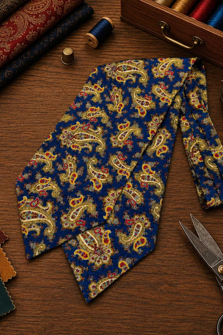 Sarı Mavi Şal Desen İtalyan İpek Ascot Kravat SAC99