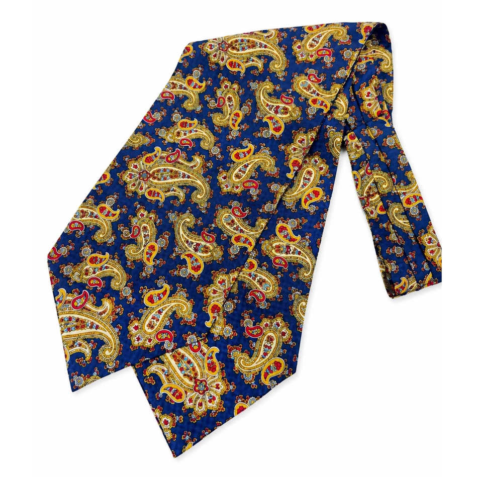 Sarı Mavi Şal Desen İtalyan İpek Ascot Kravat SAC99