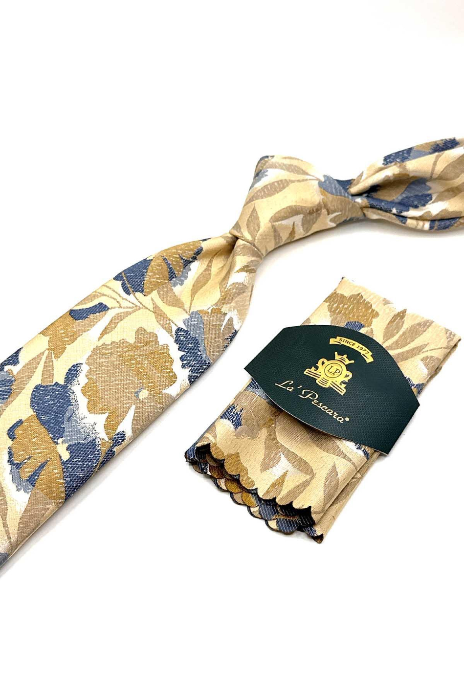 Sarı - Mavi Yaprak Desen Mendilli Klasik Kravat KK13078