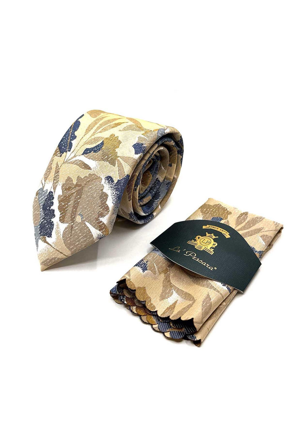 Sarı - Mavi Yaprak Desen Mendilli Klasik Kravat KK13078