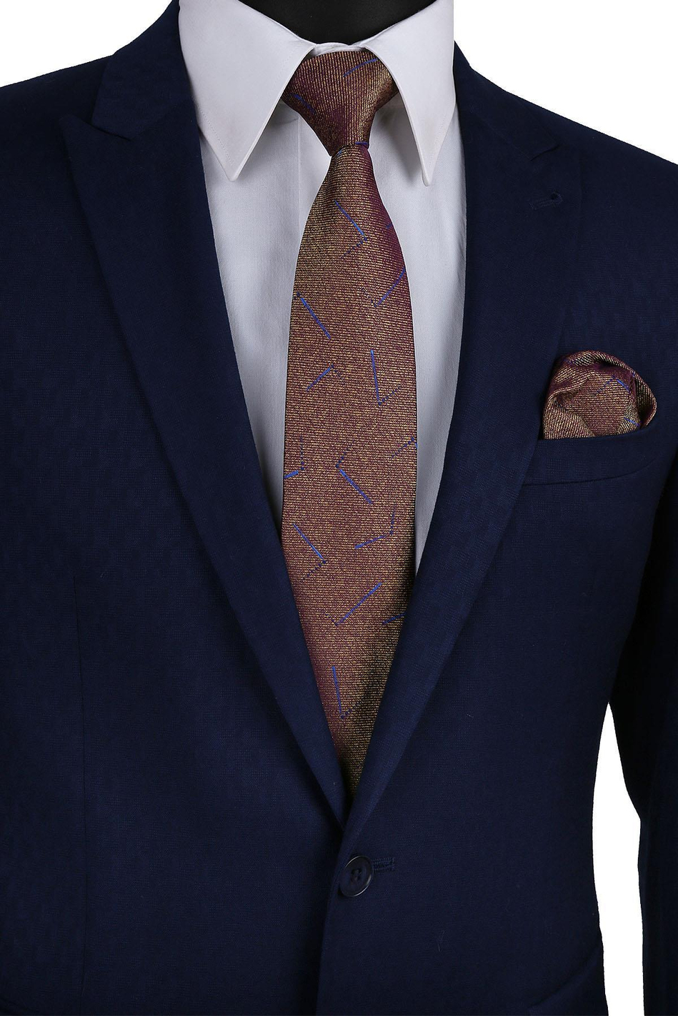 Sarı - Mürdüm Motif Desen Mendilli Klasik Kravat KK9593