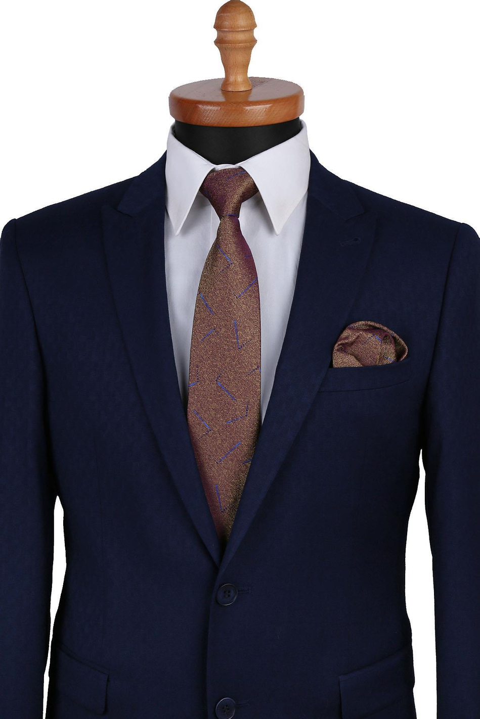 Sarı - Mürdüm Motif Desen Mendilli Klasik Kravat KK9593