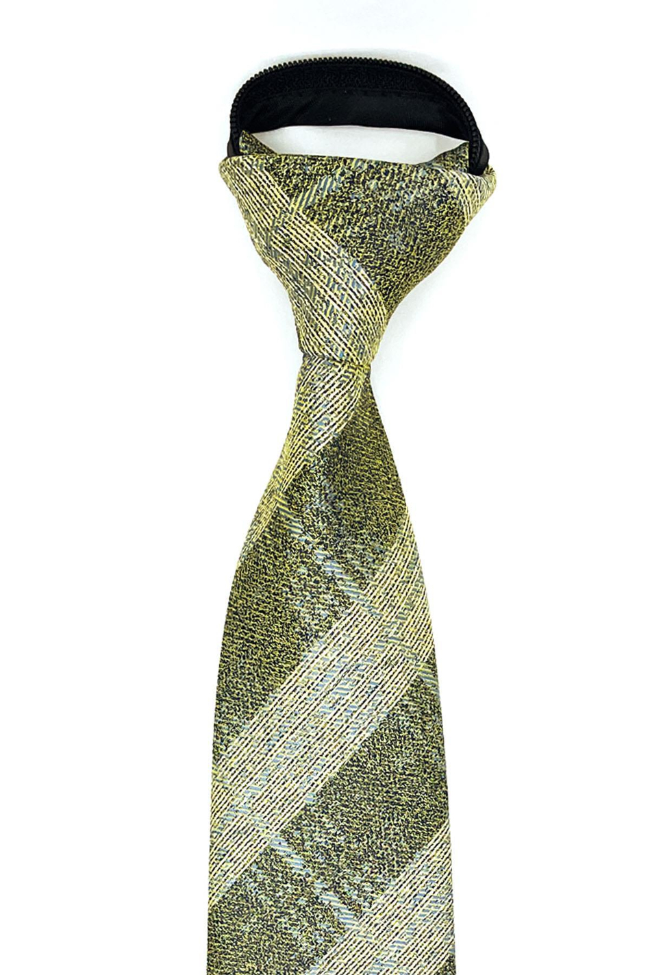 Sarı - Siyah Ekose Desen Mendilli Fermuarlı Kravat FRMR12