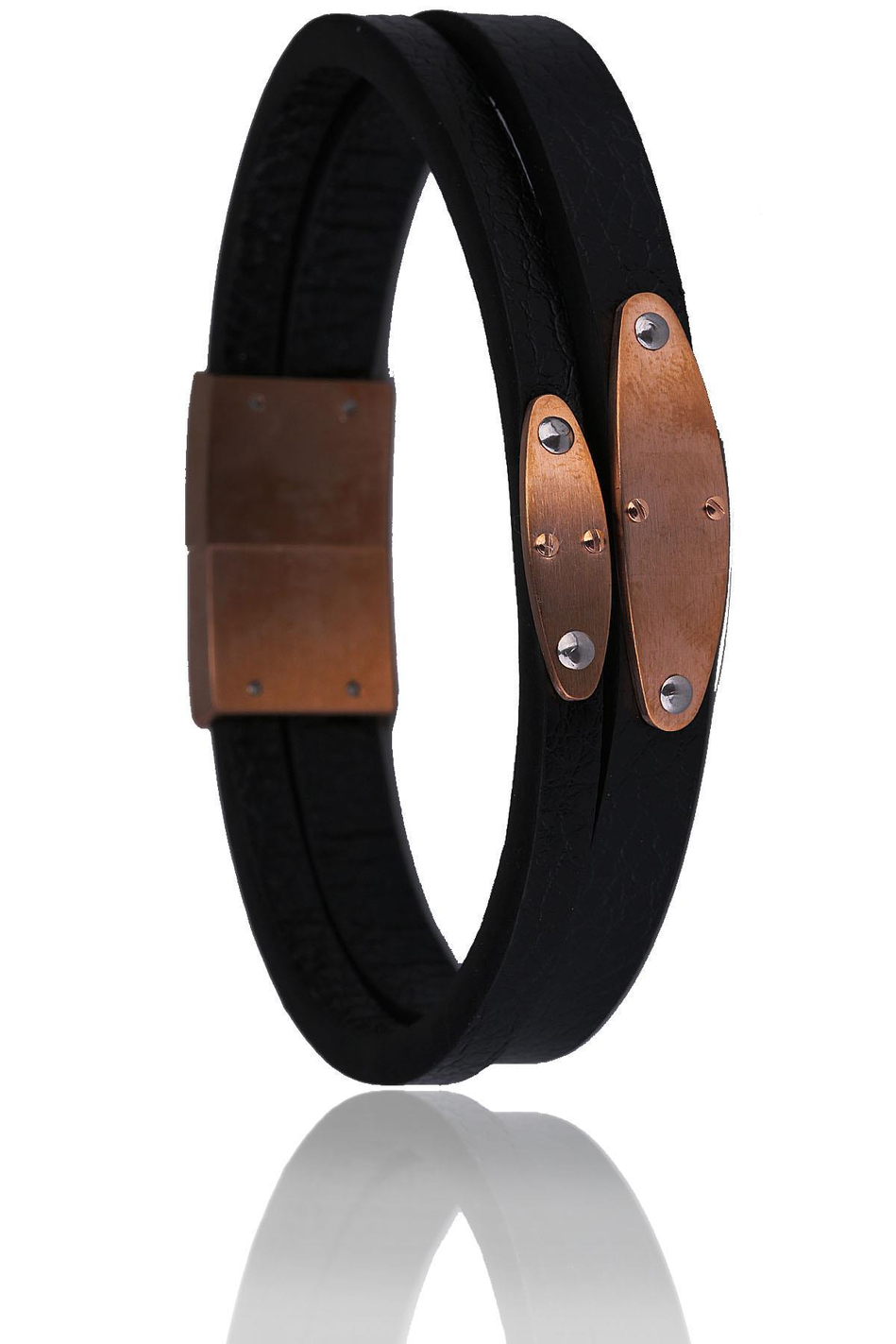 Siyah - Bakır Deri Çelik Erkek Bileklik BLK1533