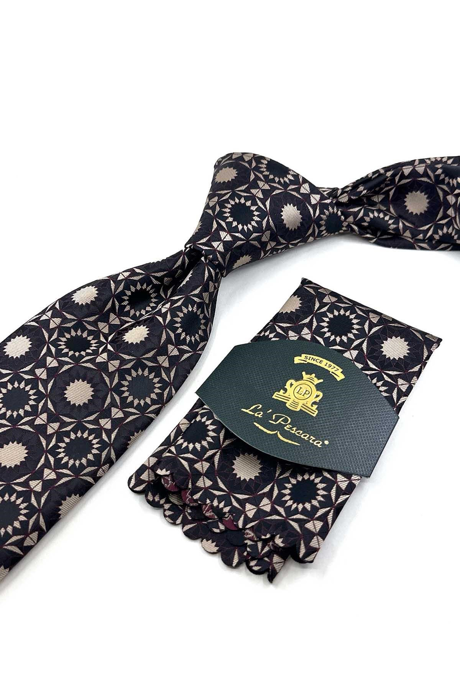 Siyah Bej Motif Desen Mendilli Klasik Kravat KK13913