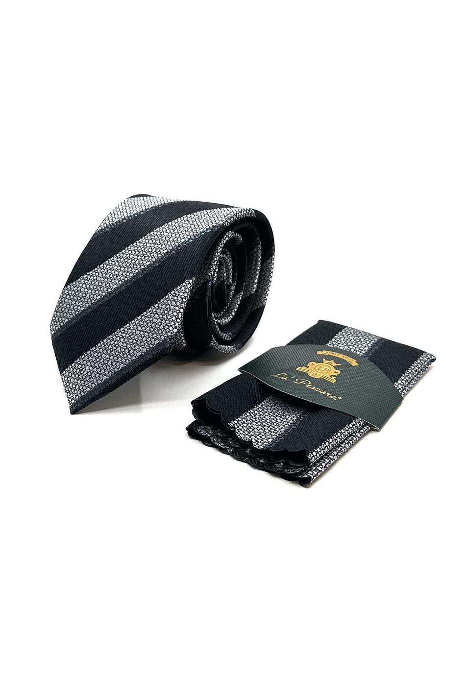 Siyah - Beyaz Çizgi Desen Mendilli Klasik Kravat KK13105