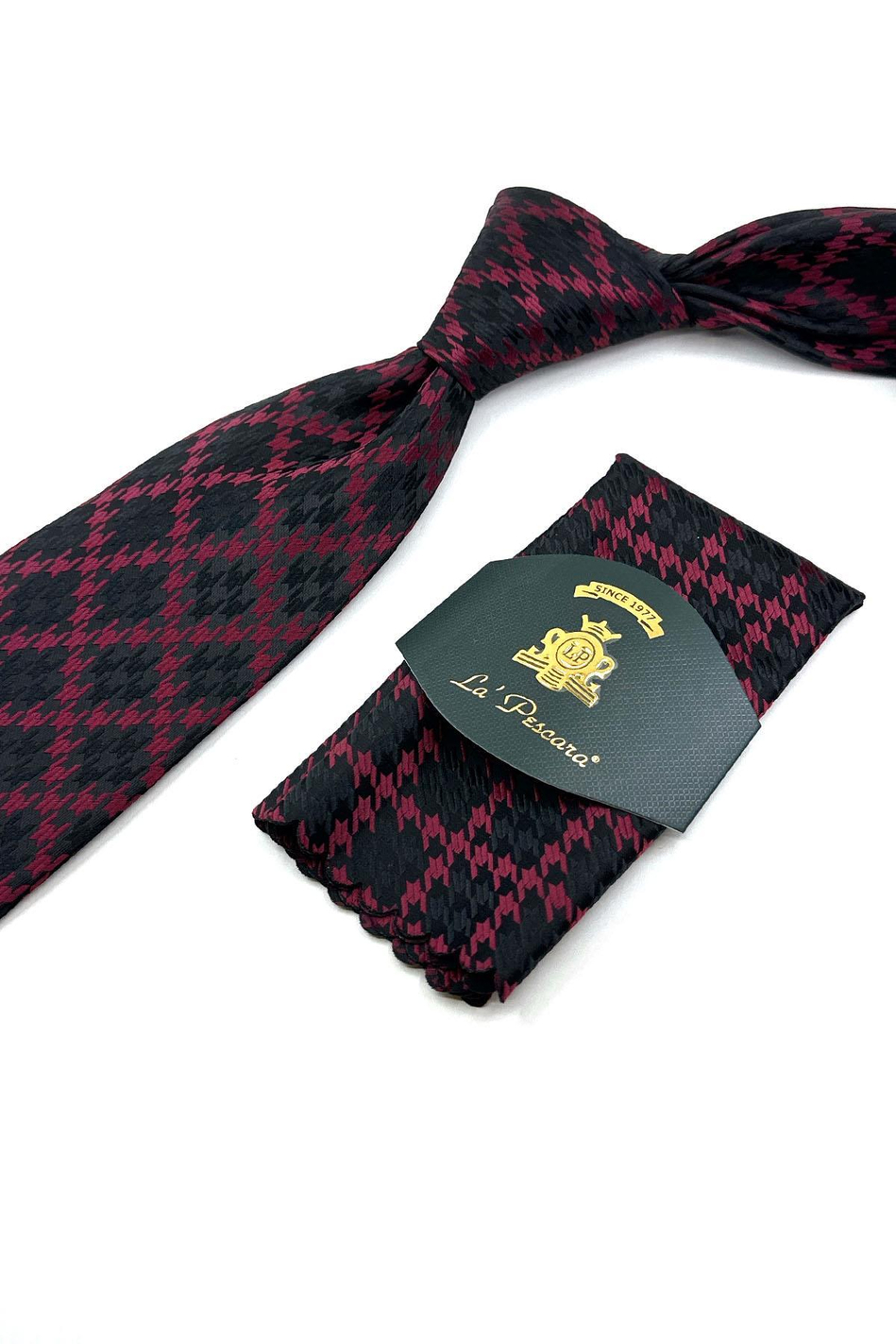 Siyah - Bordo Motif Desen Mendilli Klasik Kravat KK12032