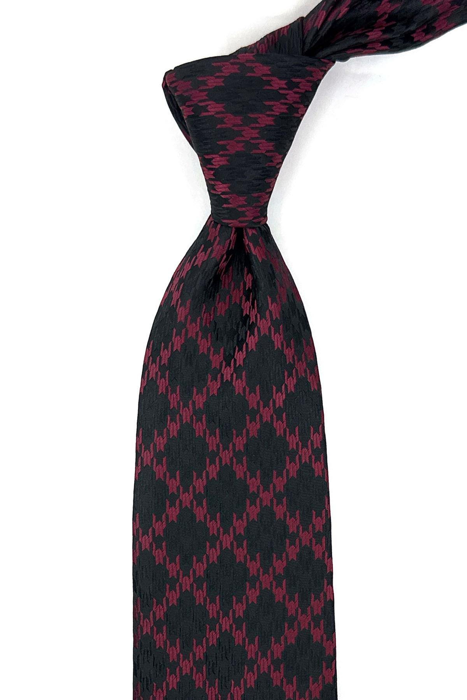 Siyah - Bordo Motif Desen Mendilli Klasik Kravat KK12032