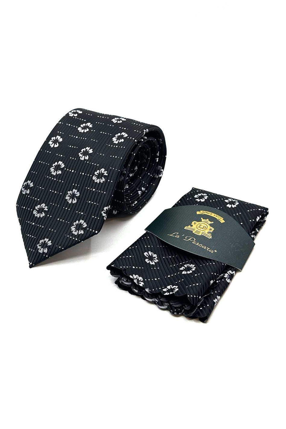 Siyah Çiçek Desen Mendilli Klasik Kravat KK13025